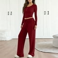 thumbnail image 5 of qolati Womens 2 Piece Matching Lounge Sets Spring Fashion Half Button Long Sleeve Henley Shirts with Wide Leg Pants Airport Travel Vacation Outfits Gym Sweatsuits Wine L, 5 of 8