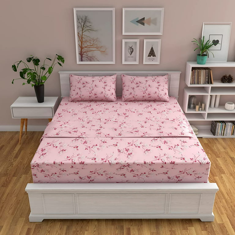 Microfiber Bed Sheet Set Lightweight Set - Flat Sheet Fitted Sheet  Pillowcases - Extra Soft Shrinkage & Fade Resistant with Deep Pockets up tp  16” Mattress (Full, Light Pink Floral) 
