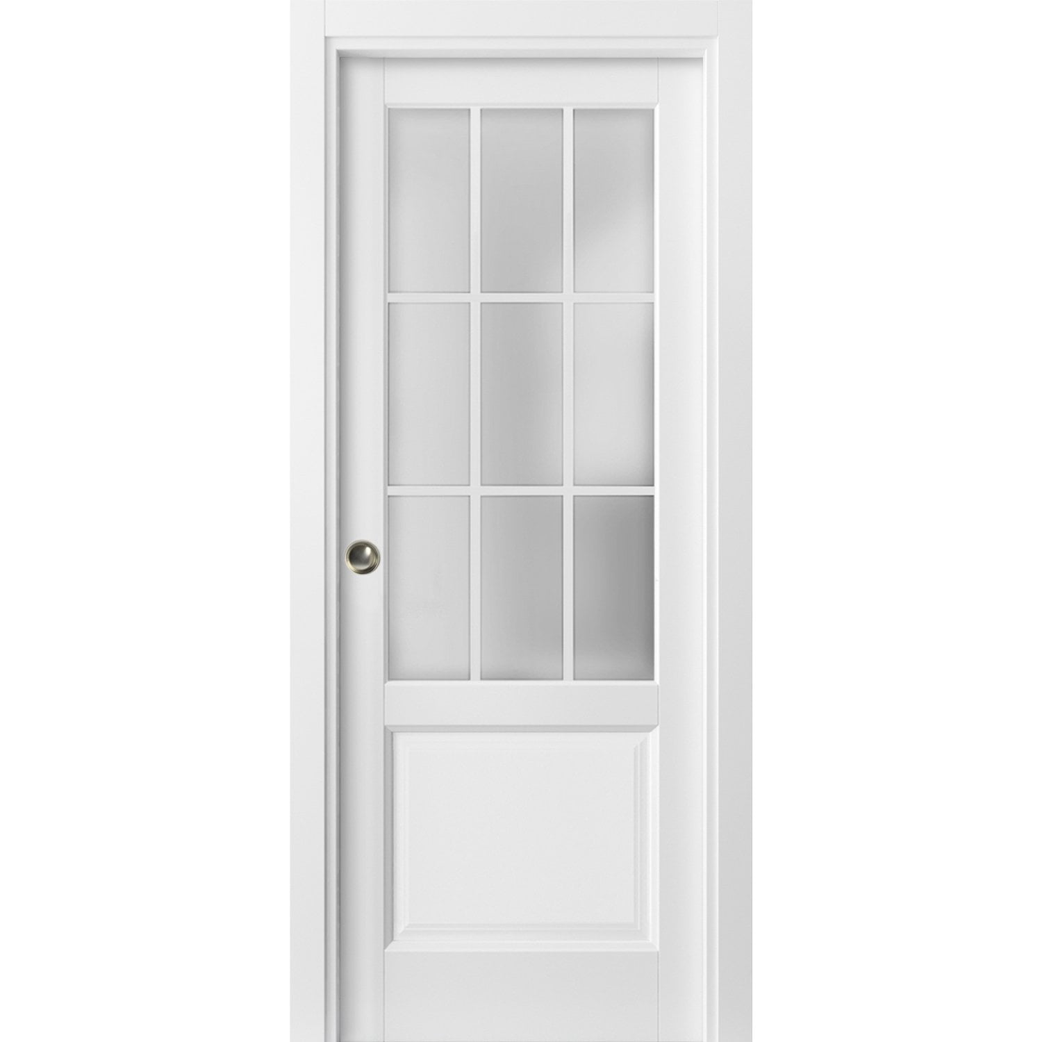 Sliding French Pocket Door 36 x 84 inches with Frosted Glass 9 Lites |  Felicia 3309 Matte White | Kit Trims Rail Hardware | Solid Wood Interior 