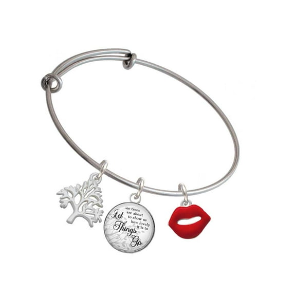Delight Jewelry Silvertone Red Lips Silvertone Let Things Go Tree Charm Bangle Bracelet