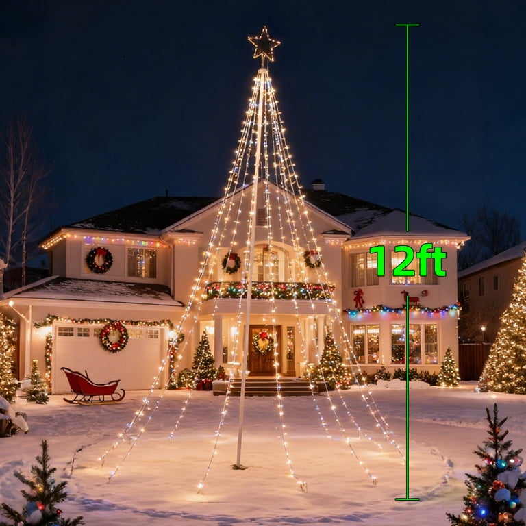 12Ft 478-LED Outdoor Christmas Lights – Smart RGB Flag Pole Tree Light With App/Remote, Timer, Music Sync – Waterproof