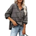 thumbnail image 1 of Tops de manga larga con cordón,Blusa Blusa con estampado de rayas en V de manga larga Blusa con botones para mujer Calidad inigualable, 1 of 6