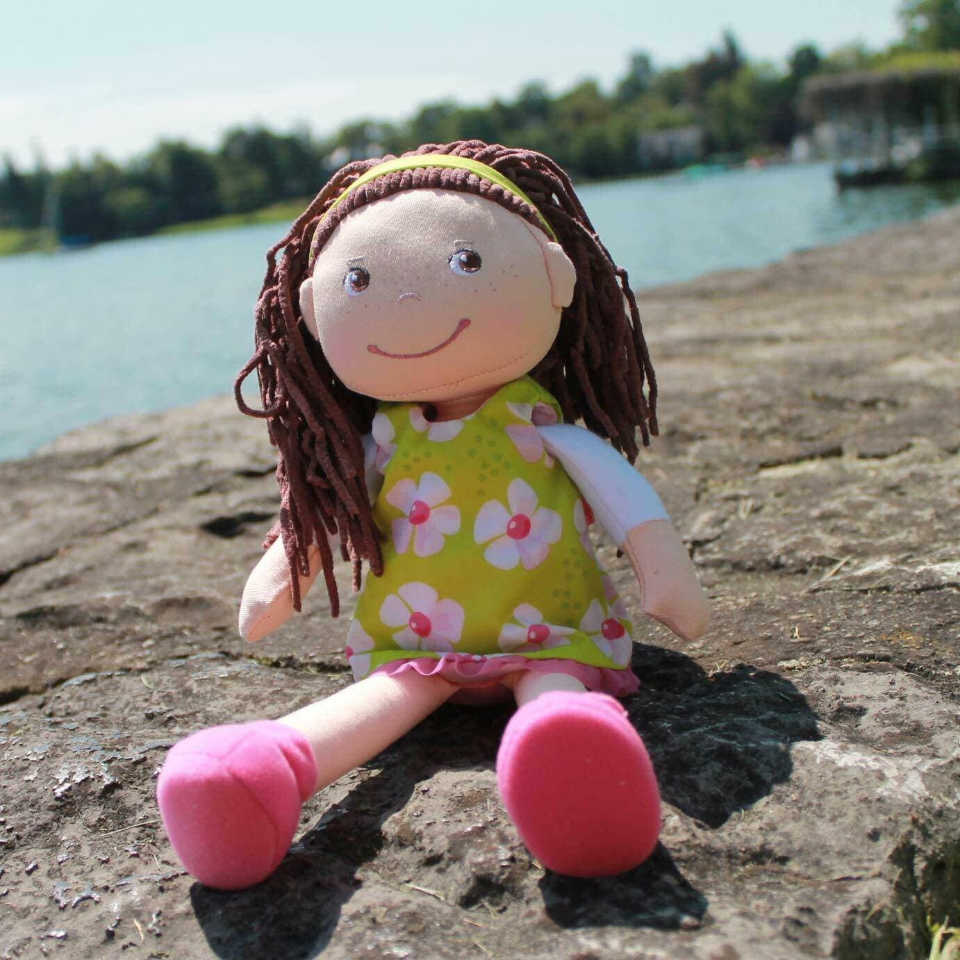 HABA Coco 12" Soft Baby Doll with Brown Hair, Embroidered Face, Removable Green Dress, Matching Headband - Machine Washable Toddler Doll - 18 Months+