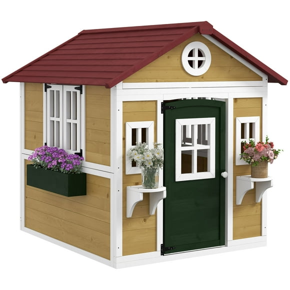 Outsunny Playhouse for Kids, Outdoor Wooden Playhouse for Backyard