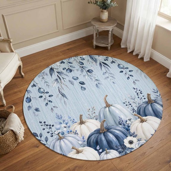 Small Round Rug 3Ft, Thanksgiving Pumpkins Non-Slip Washable Circle Rugs Carpet, Fall Blue Eucalyptus Pastoral Floral Indoor Outdoor Rug Floor Mats Throw Runner for Bedroom Living Room Bathroom
