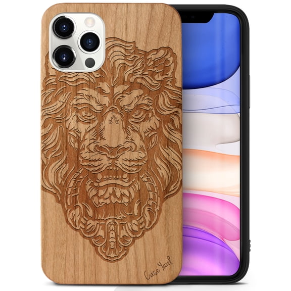 Case Yard Wooden Case Outside Soft TPU Silicone Slim Fit Shockproof Wood Protective Phone Cover for Girls Boys Men and Women Supports Wireless Charging Victorian Lion Design case for iPhone-12-Pro-Max