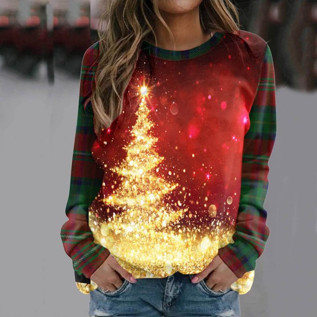 Pntutb Navidad moda mujer Casual manga larga cuello redondo Plaid impreso señoras sudadera tops blusa Pntutb Pntutb-4770