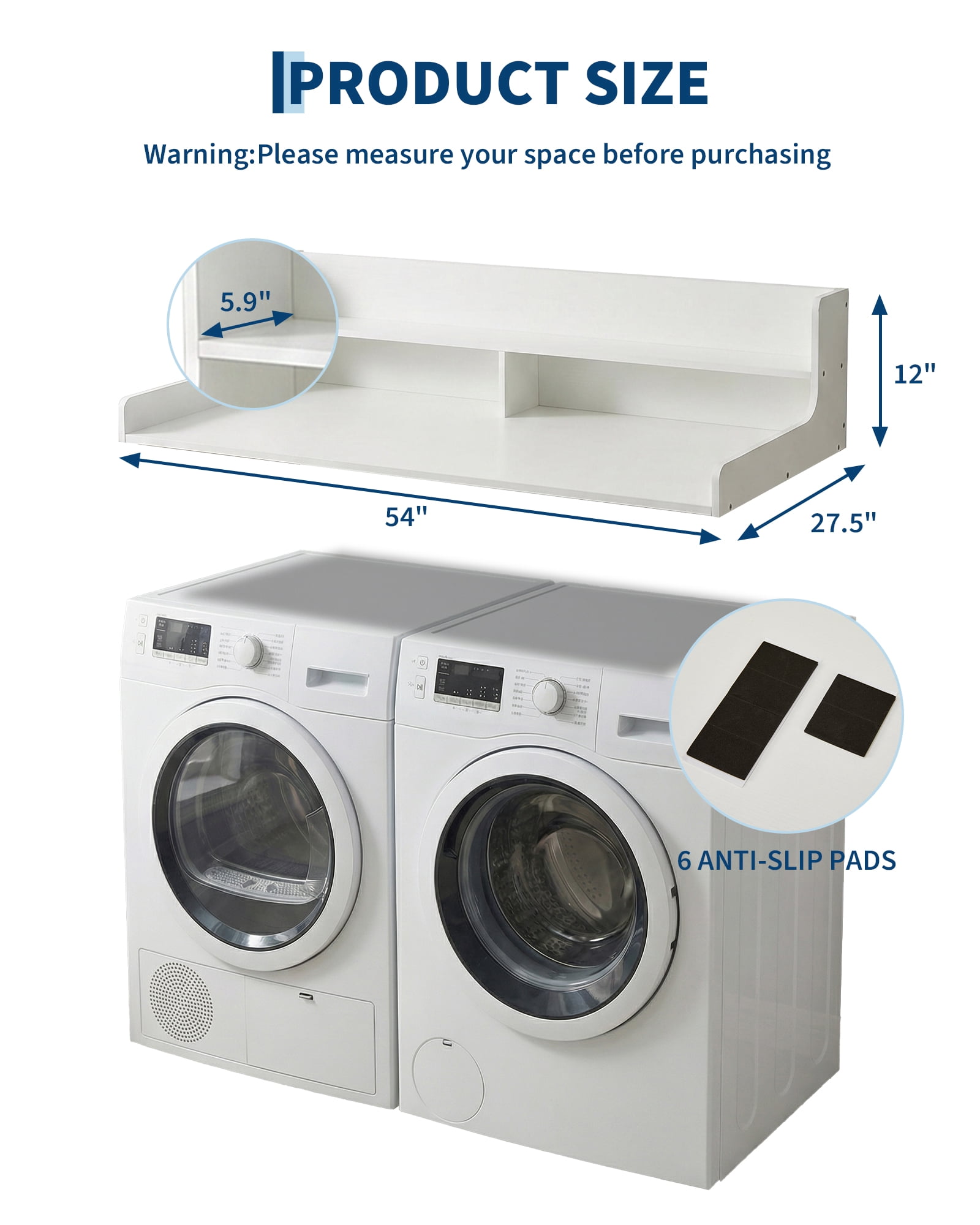 Washer Dryer Countertop, 54"x 27.5" Heavy Duty MDF Laundry Room Wood Shelf Topper, 12" Edge Rails Non Slip Pads Clothes Folding Station for Laundry Room Storage and Organization - White