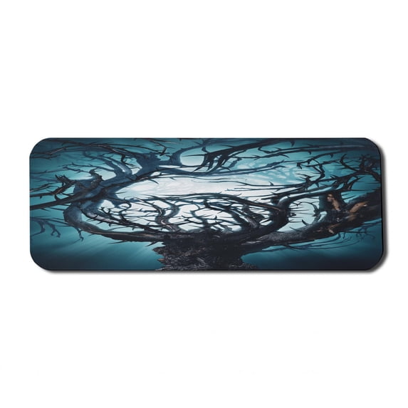 Mystic Computer Mouse Pad, Big Tree Thorns Branch in Spooky Night Fantasy Halloween Illustration Print, Rectangle Non-Slip Rubber Mousepad Large, 31" x 12" Gaming Size, Teal White, by Ambesonne