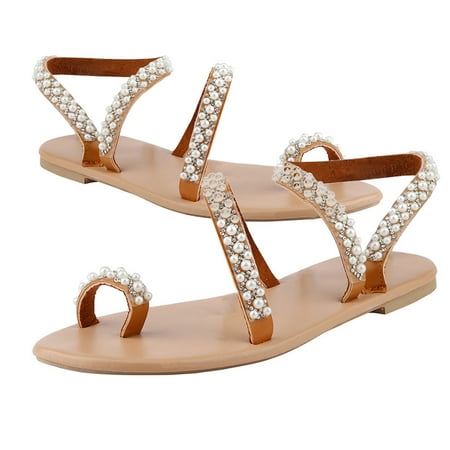 

Womens Sandals Gnobogi New Fashion Women Summer Sandals Crystal Pearl Flat-soled Casual Sexy Shoes