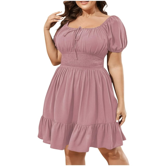 UPPADA Robe d'Été pour Femme Grande Taille, Manches Bouffantes, Encolure Carrée, Robe Midi, Robe Décontractée Formelle pour Fête, Robe T-Shirt Confortable, Robe Boutonnée Rose, TG