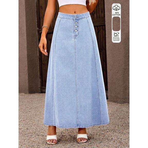 Womens Denim Midi Skirt High Waist Vintage Button Detail Color Block Woven Fabric Non Stretch Lightweight Summer Spring Autumn Blue Shades