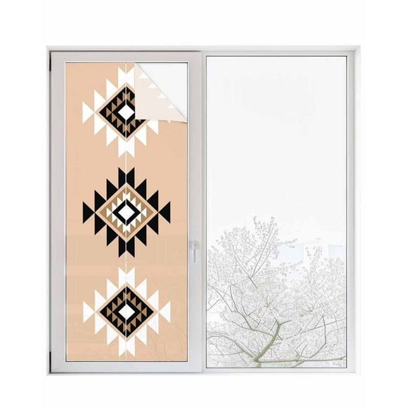 Window Privacy Film Black Khaki Boho Stained Glass Window Film Decorative Sun Block Window Cover Aztec Southwest Ethnic Geometric Art Window Clings Static Adhesive Sticker for Bathroom 29.5"x78.7"