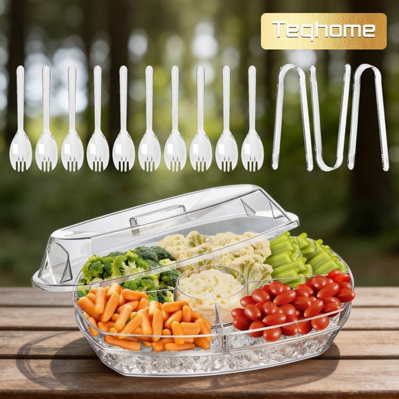 Chilled Veggie Tray Teqhome 15 Inch Clear Party Platter with 4 Compartments Fruit Ice Serving Tray with Lid Cold Food Buffet Server for Fruit Vegetable Fruit