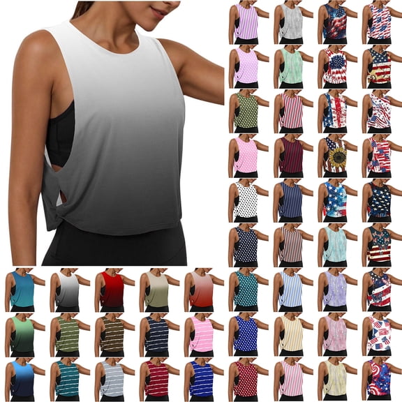Yourumao Athletic Tank Tops for Women Round Neck Sleeveless Workout Shirts Striped Cut Out Casual Tshirts for Sporty Running