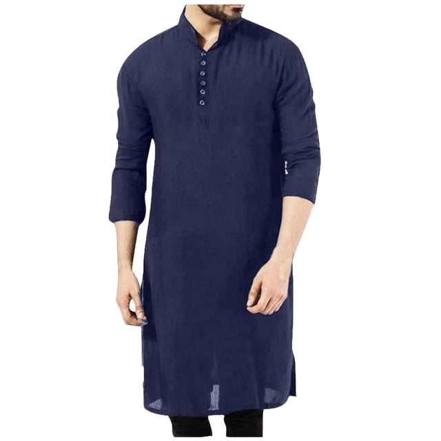UAMVSH Men's Long Sleeve Robe Tops Casual Plus Size Long Sleeve Button Pullover Soft Side Split Long Shirts with Pockets(Small,Navy)