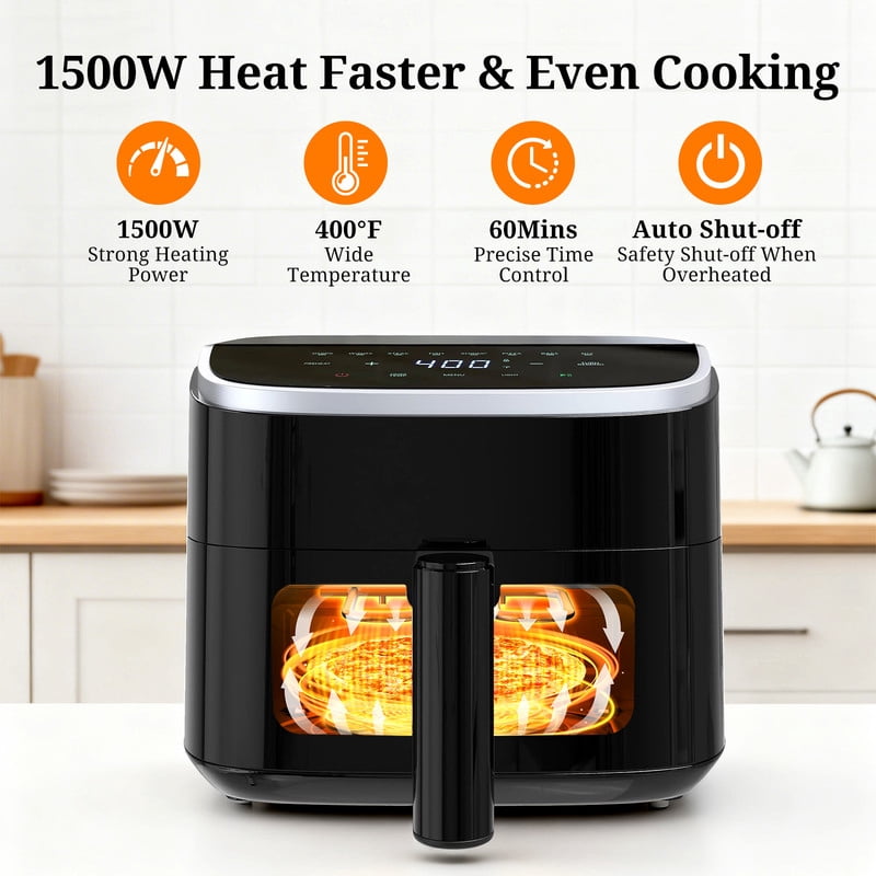 Simenmax 4QT Air Fryer with Visible Window, 1500W Compact Air Fryer with 8 Presets, Digital Touchscreen Air Fryer with Auto Shut Off, Black