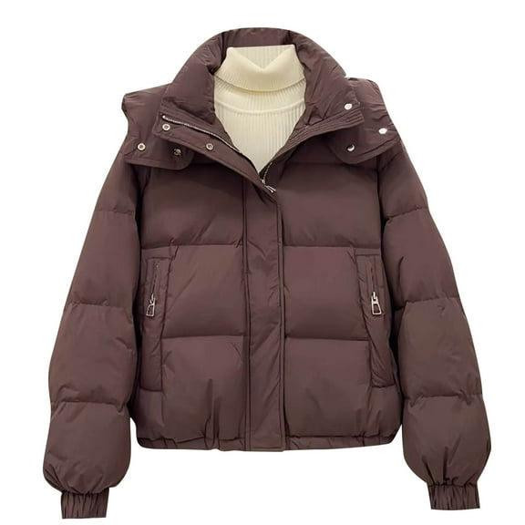 Hvyesh Women's Puffer Jacket Baggy Zipper Stand Collar Bubble Coats Quilted Long Sleeve Padded Coat Warm Solid Winter Jackets Coffee L