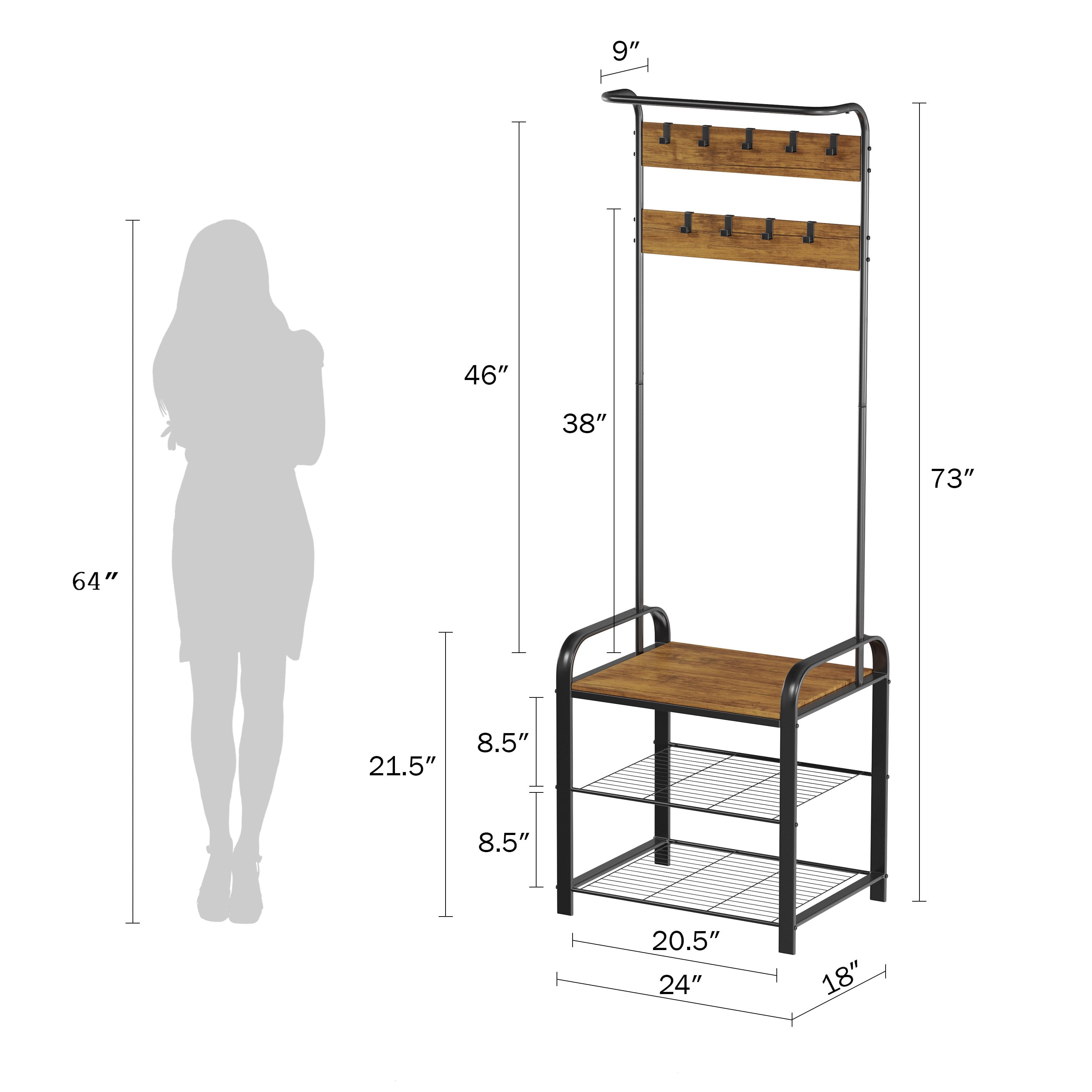 Lavish Home Entryway Bench with Coat Rack – Metal Hall Tree with Seat, Hooks, and Shoe Storage – Rustic Farmhouse Freestanding Mudroom Furniture