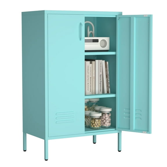 Marcree 2 Doors Metal Storage Cabinet, Metal Locker with 2 Adjustable Shelves, Multipurpose Storage Rack, 3-Tier Office Cabinet for Home Office, Blue