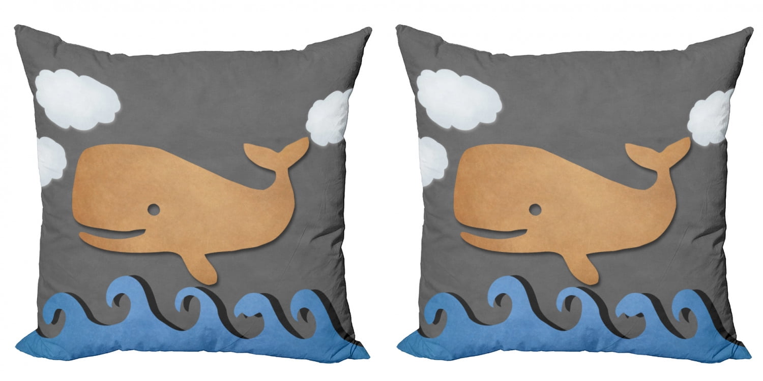 Whale Throw Pillow Cushion Cover Pack of 2, Wooden Like Design Whale on