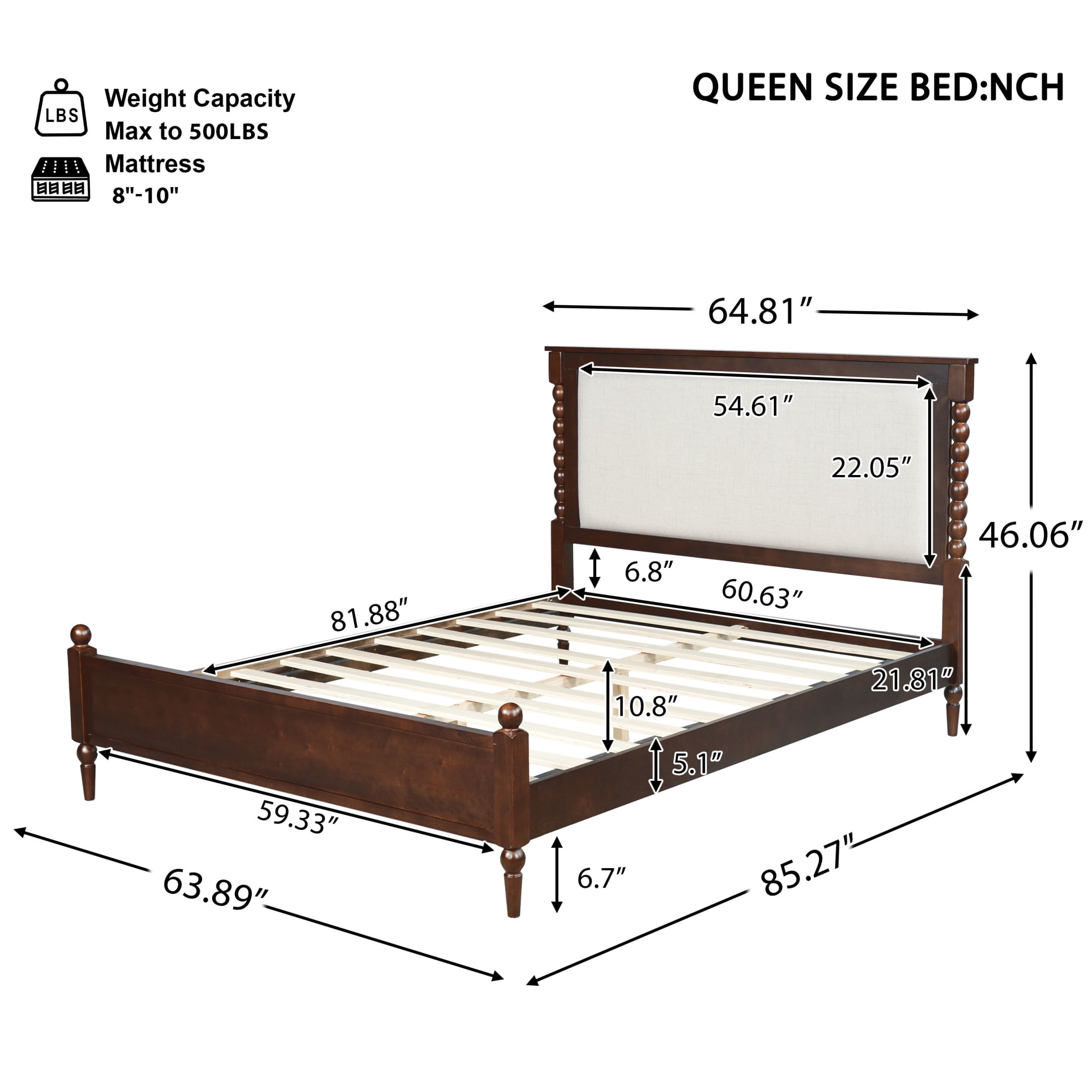 Christopher Knight Home Traditional Wood Bed Frame with Spindle Upholstered Headboard, Queen Size, Brown