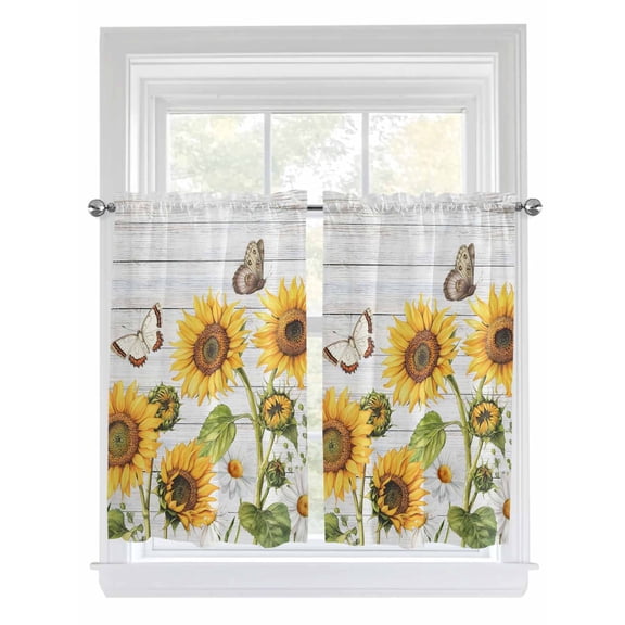 Yellow Sunflowers Living Room Curtains 2 Panel, Vintage Country Flowers Butterfly Wood Board Cafe Window Treatment, Farmhouse Bedroom Bathroom Kitchen Curtains Drapes 104"x54"