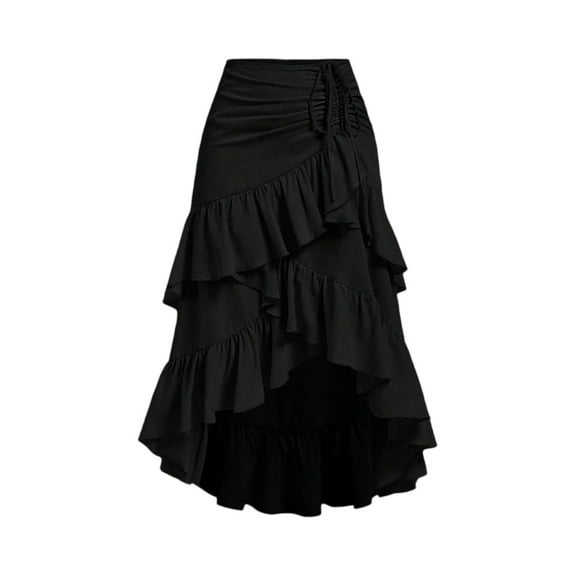 LWavelet Ruched Tiered Ruffled Asymmetrical Midi Skirt Women Daily Casual Flowy Stylish Bottoms Black M