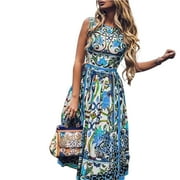 Yasu Women Dress Fashion Print A-Line Vintage Elegant Large Hem Dress for Daily Wear