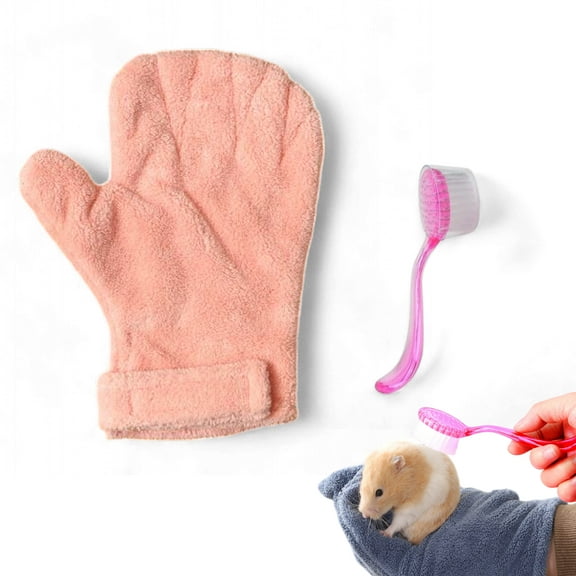 Hamster Bite Proof Glove and Grooming Brush Set, Small Animal Calming Handling Mitt and Massage Comb (Pink)