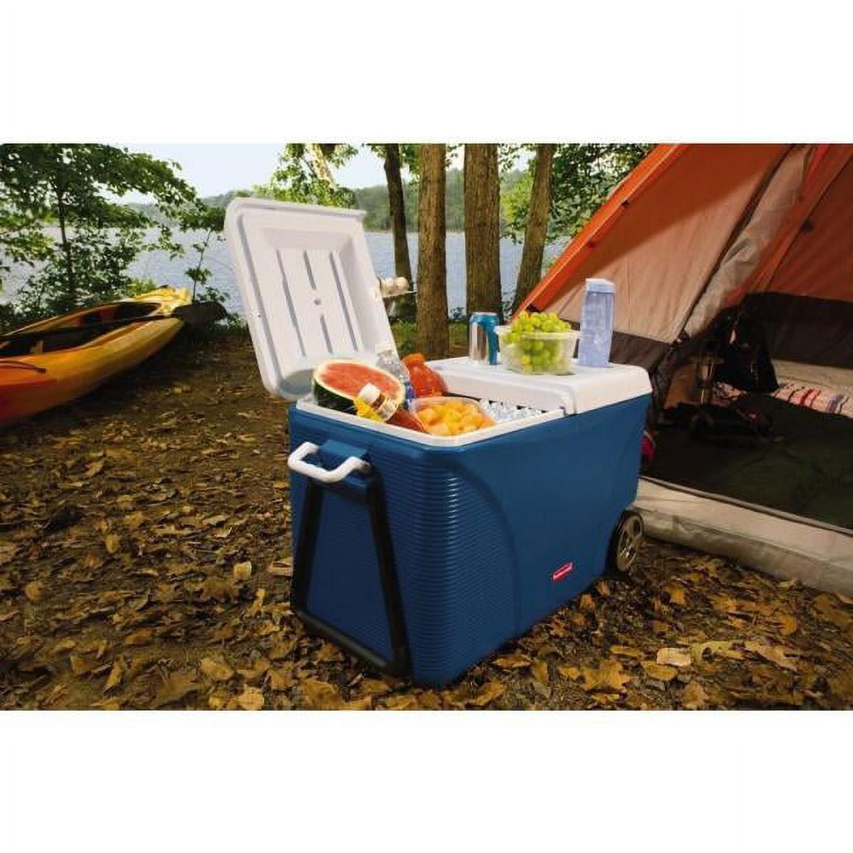 Rubbermaid® 45 Qt Blue Wheeled Cooler, Split Lid, PBA Free