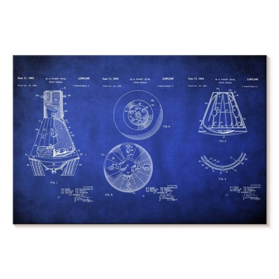 Elephant Stock Space Capsule Blue Patent Wall Art - Horizontal Canvas Wall Art - Living Room Wall Decor - Patent Canvas - Blue And White Decor - 12" x 8"
