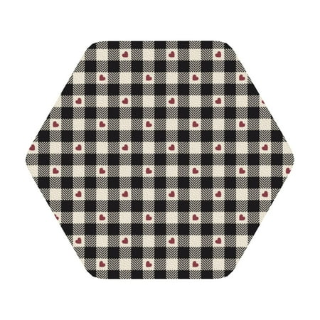 

Coaee Black Plaid Heart Print Leather Coasters Set of 6 Non-Slip Washable Cup Coasters for Home Office Bar Hexagon