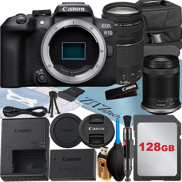 Canon EOS R10 Mirrorless Camera with RF-S 18-150mm + EF 75-300mm Lens + 128GB Memory Card + Case + ZeeTech Accessory Bundle