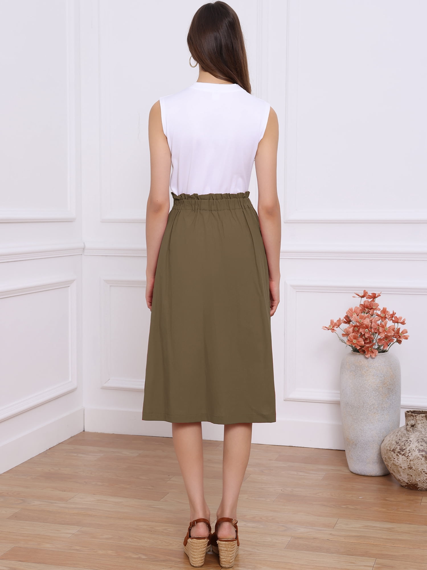 DARING DIVA Women's Cotton A-Line Elastic Waist Peasant Skirts with Pockets L Dark Brown
