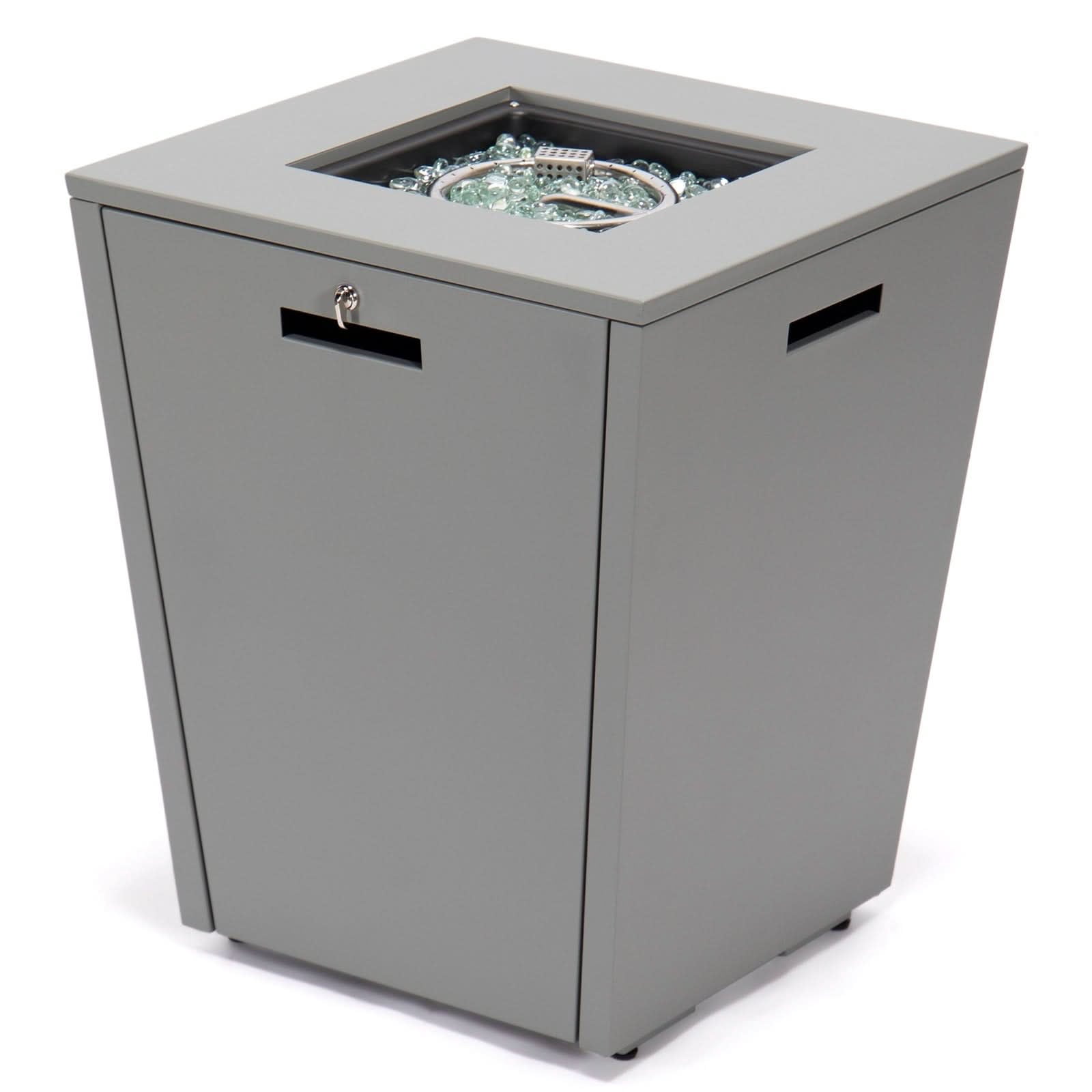 LeisureMod Chelsea 32" Propane Gas Fire Pit Table, Grey Steel CSA-Certified Outdoor Firepit with Tempered Glass Wind Guard & Lid – Patio Heater for Backyard or Garden