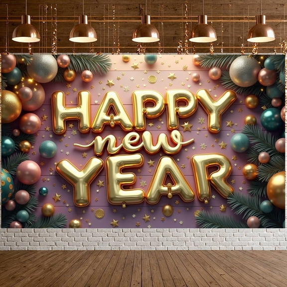 Gold Balloon Letters Happy New Year Banner Colorful Ornaments New Year Display Pine Branches Golden Stars Festive Backdrop for New Year Party Holiday Celebration Indoor Decoration
