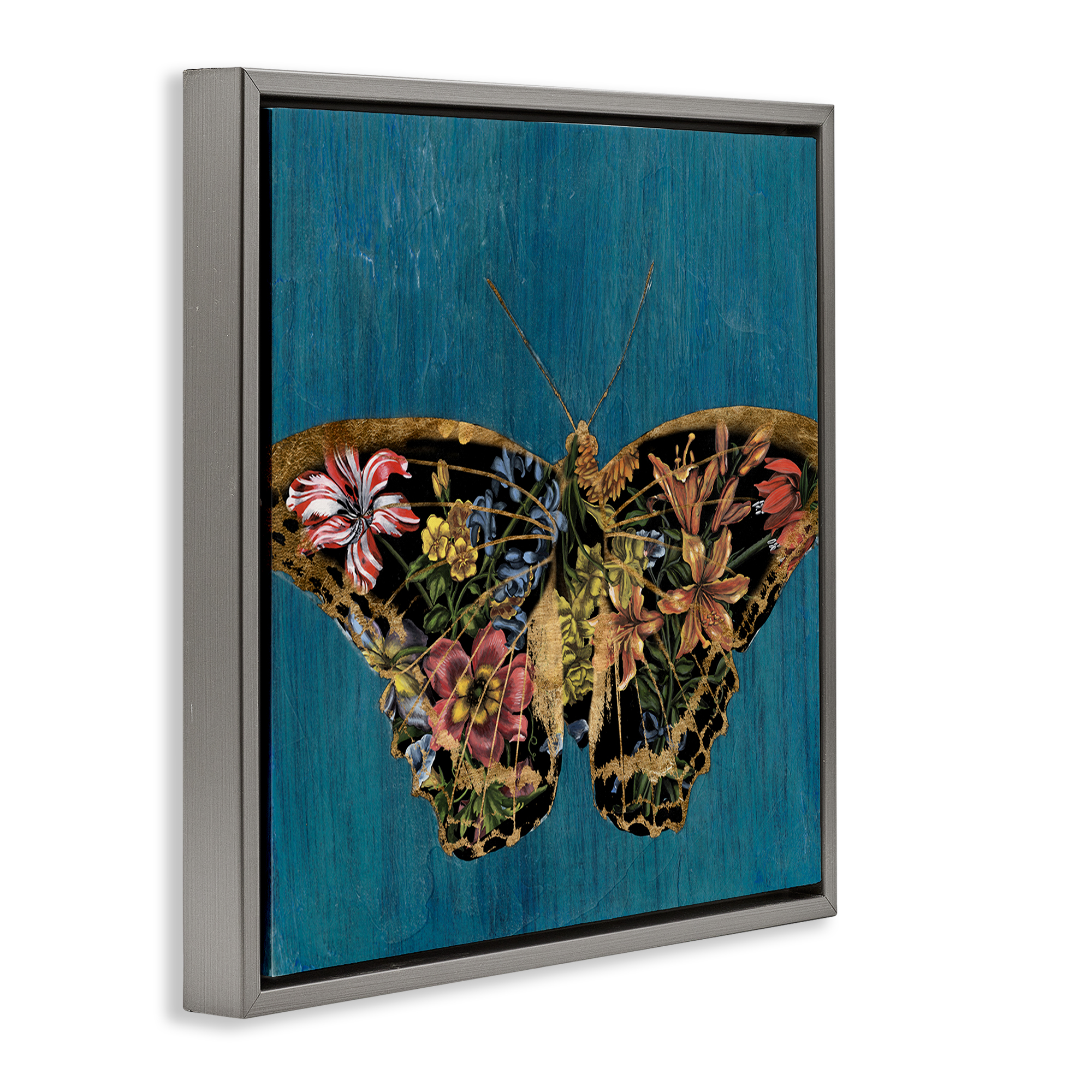 Stupell Industries Butterfly with Floral Wings Animals & Insects Painting Gray Floater Framed Canvas Art Print Wall Art, 25 x 25