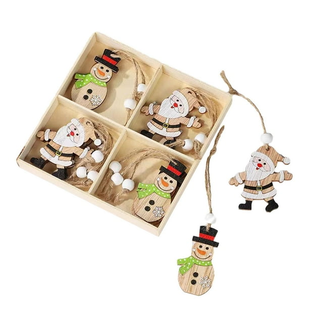 12 colgantes navideños con cuerda, adornos navideños colgantes, rodajas de madera para Papá Noel