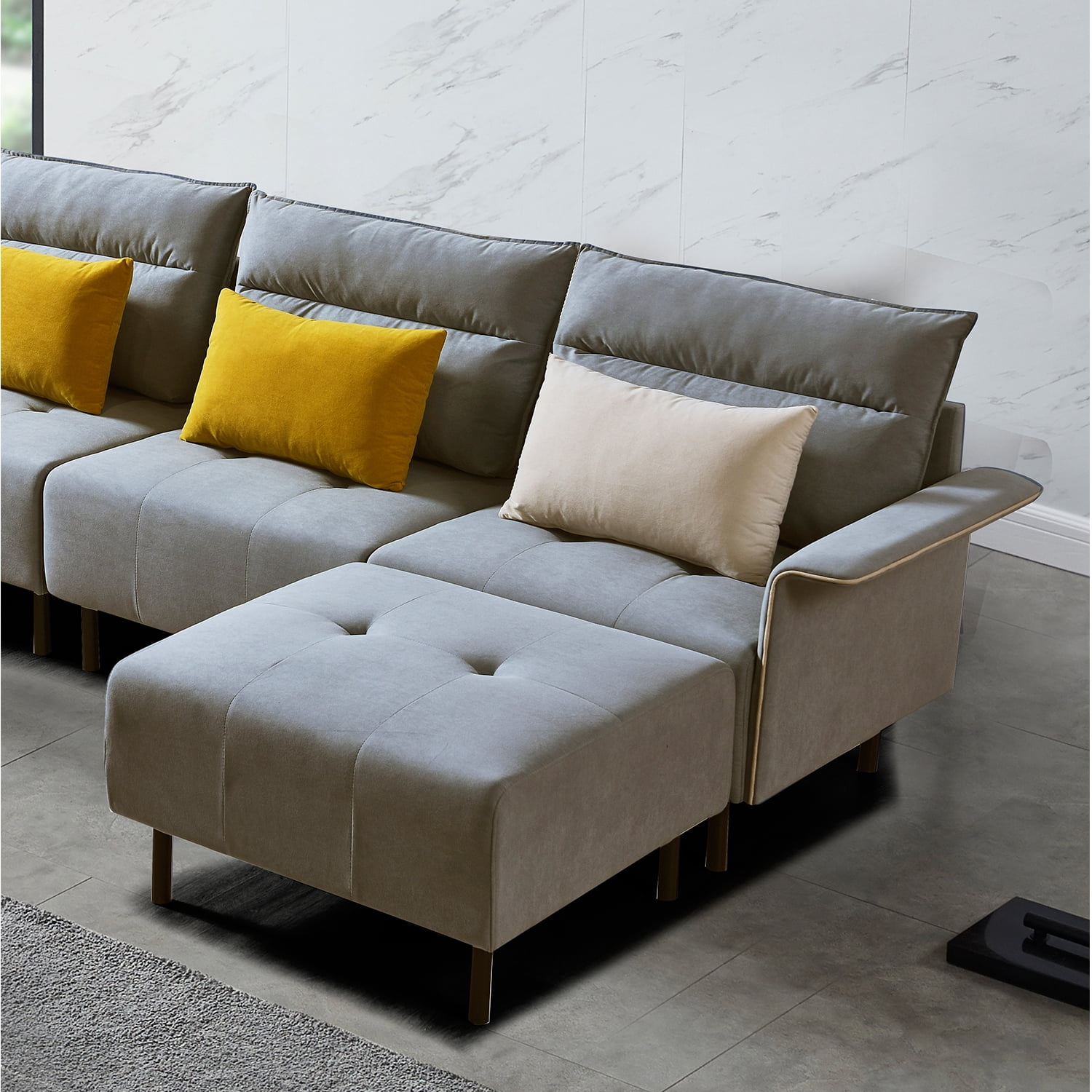 Kadyn U-Shaped Sectional Sofa with 2 Removeable Ottoman and 4 Pillows, Suede Free Combination Sectional Couch, Modern Suede Sofa Set for Living Room, Light Grey