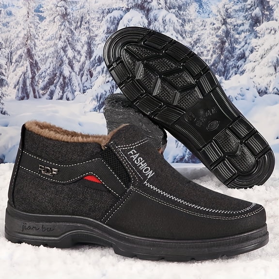 Men's Winter Snow Boots with Plush & Slip-On Ankle Strap - Warm Traction Tread, PU Sole for Ice & Snow, Casual/Daily/Hiking - Black (Round Toe) - Easy On/Off Cold Weather Footwear