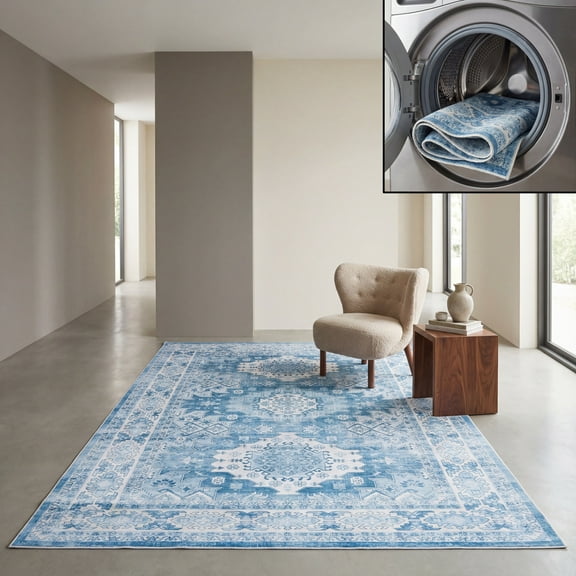 SAFAVIEH Arizona Reannon Oriental Polyester Machine Washable Area Rug, Light Blue/Blue, 8' x 10'
