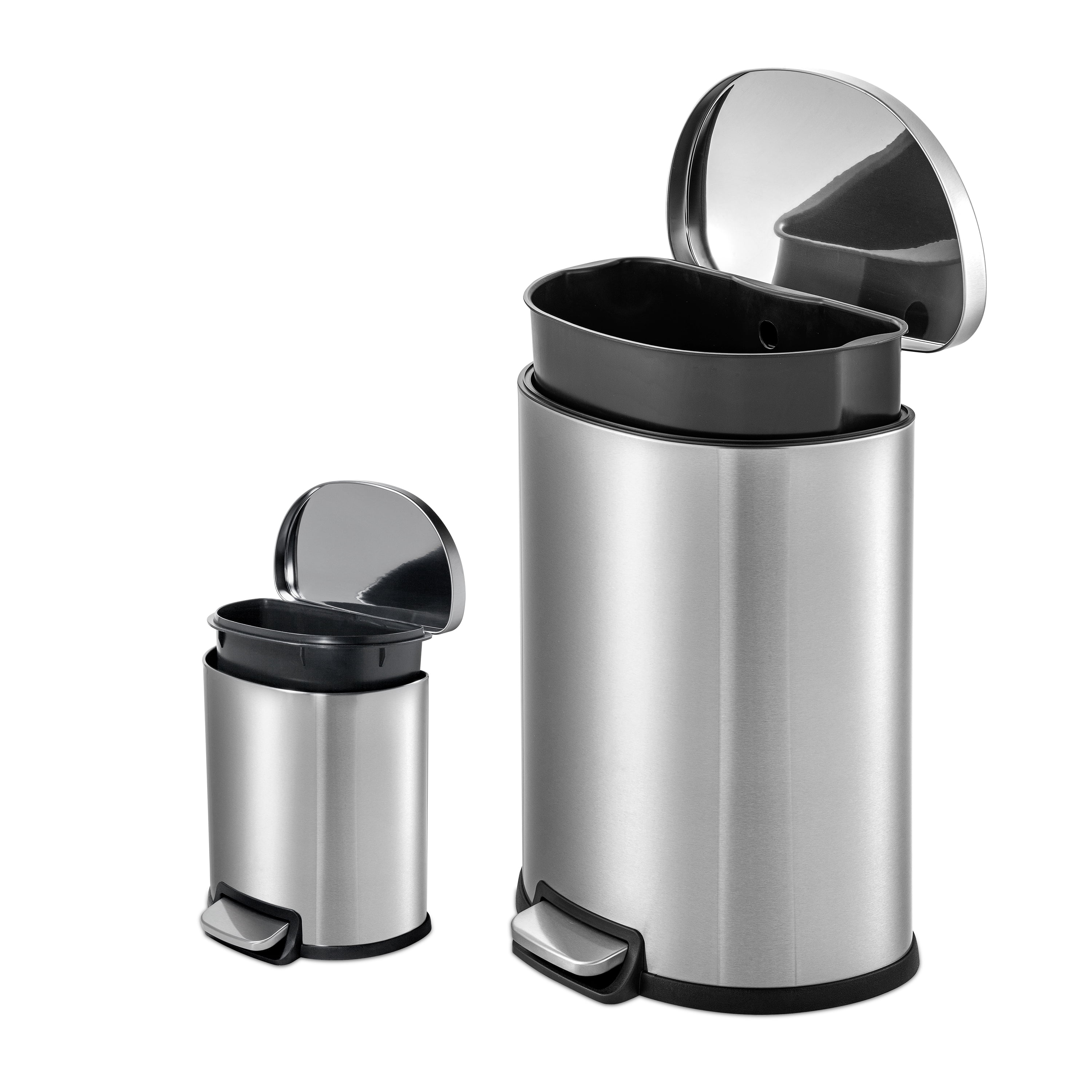 Qualiazero Kitchen Bathroom Trash Can Combo, 13.2 Gallon and 1.6 Gallon Stainless Steel Step Garbage Bin with Soft Close Lid, Silver