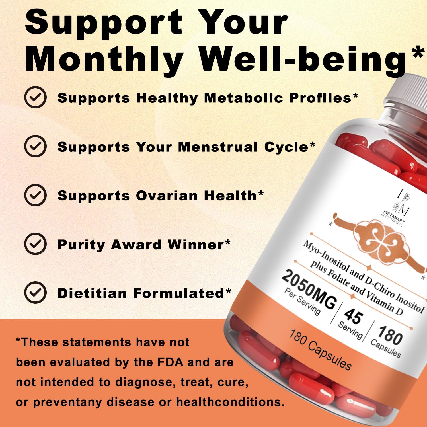INSTAMART Myo-Inositol & D-Chiro Inositol Supplement for Women | 2050mg, Balanced 40:1 Ratio | Plus Folate & Vitamin D for Hormonal Balance, Regular Cycles & Ovarian Health | 180 Vegetarian Capsules