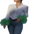 thumbnail image 4 of Women Feather Cuff Lapel Shirts Long Sleeve Contrast Color Button Down Blouse, 4 of 9