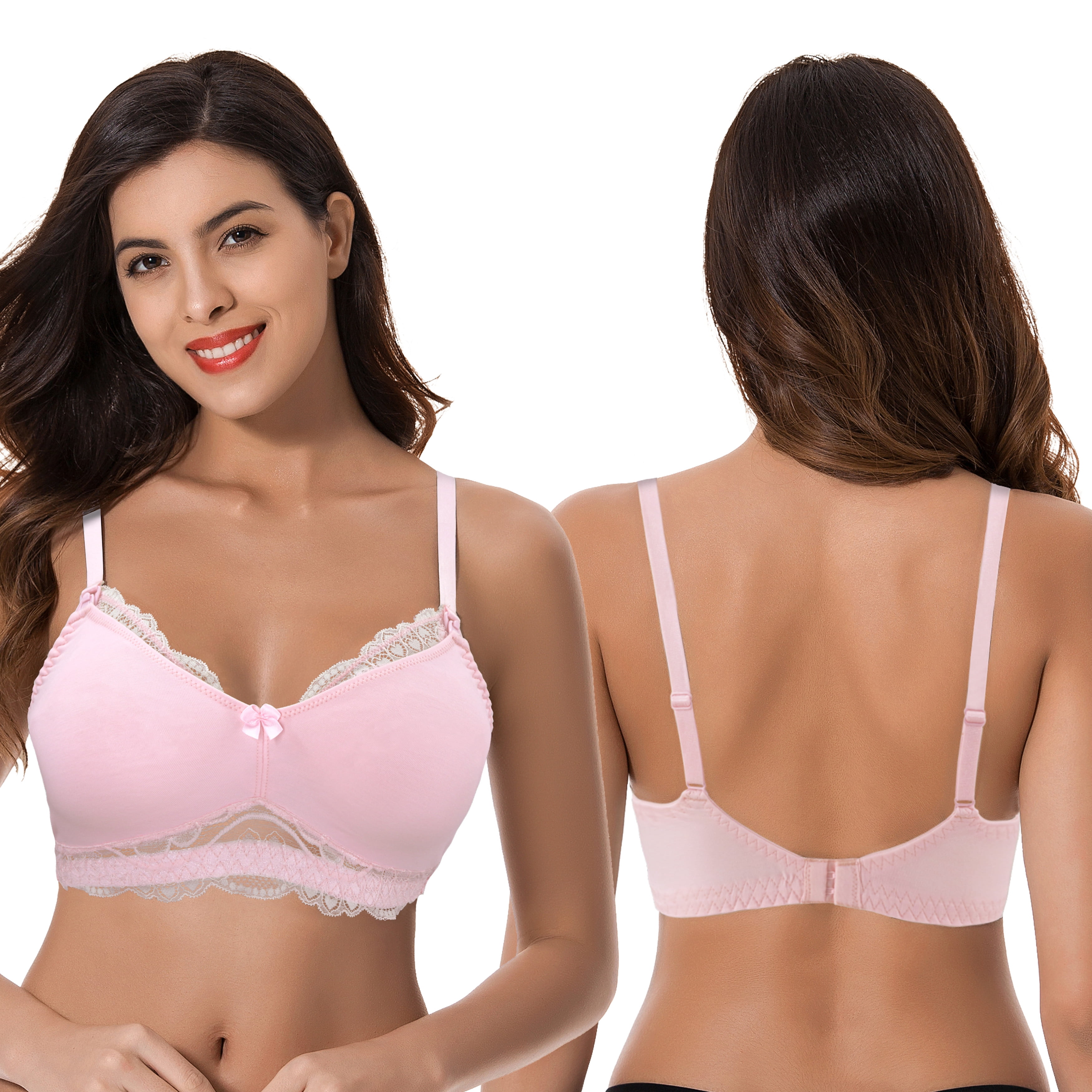 Curve Muse Plus Size Nursing Cotton Unlined Wirefree Bra With Lace Trim-2 PK-PINK,LAVENDER-34C