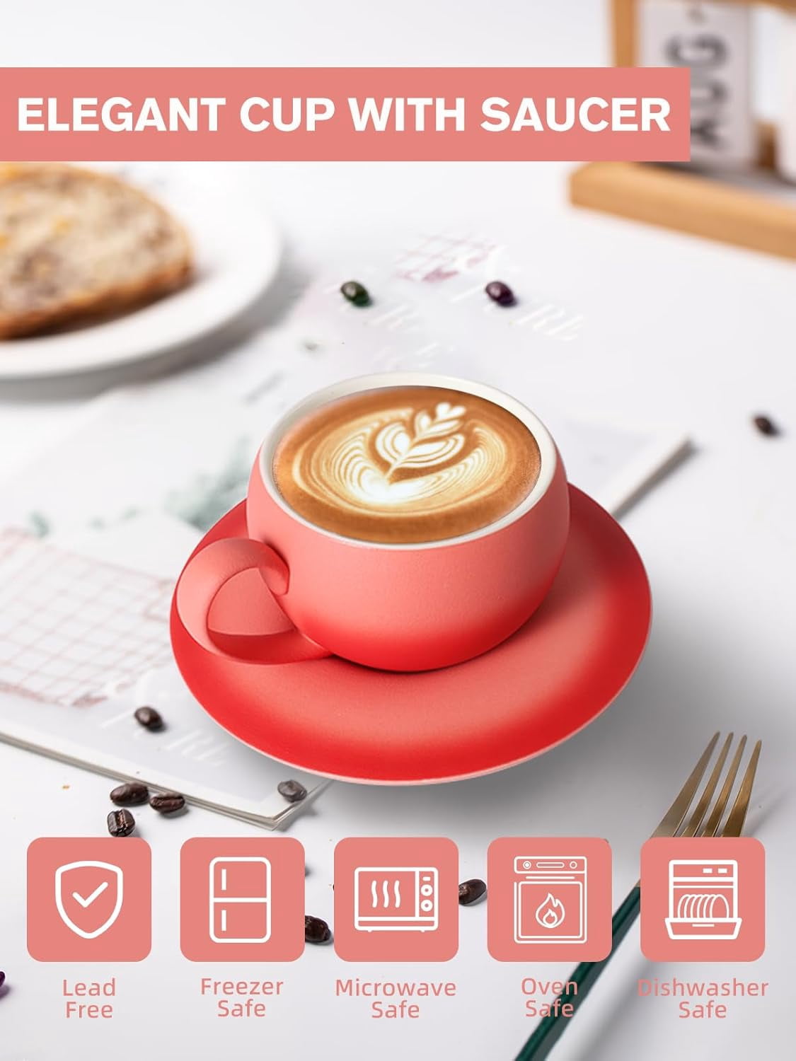 ABCISI Ceramic Coffee Cup with Saucer, 8.8 Oz  Lovely Round Shape Cafe Cup with Excellent Insulation Properties for Latte, Cappuccino, Espresso, Mocha, Coffee, Tea Cup Set,Pink
