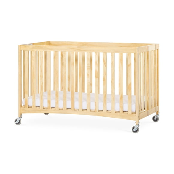 Travel Sleeper® Full-Size Folding Baby Infant Wood Crib w/ 3" Foam Mattress and Oversized Casters, Natural