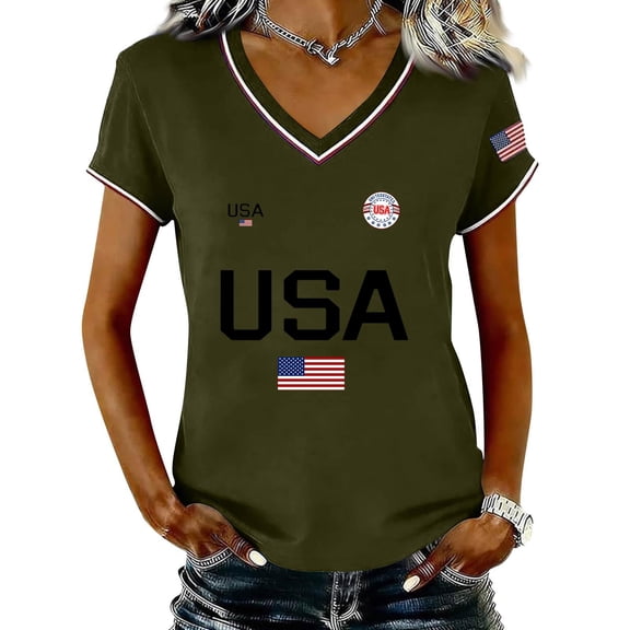 CUKOLSXA Women's Athletic Shirts & Tees, America 250th Shirt, Short Sleeve Shirts for Women, Women's Casual Fashion V-Neck Sports Independence Day Print Short Sleeve Sports T-Shirt Top, Army Green, L
