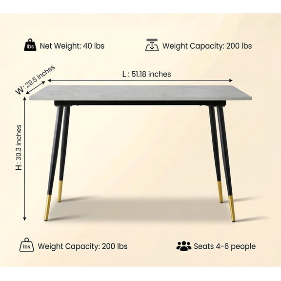 51.18 Inch Rectangular Dining Table with Faux Marble Top and Metal Frame for Kitchen Living Room